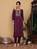 Varanga Women Pure Silk Purple Hand Embroidered Kurta With Bottom And Dupatta