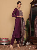 Varanga Women Pure Silk Purple Hand Embroidered Kurta With Bottom And Dupatta