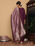 Varanga Women Pure Silk Purple Hand Embroidered Kurta With Bottom And Dupatta