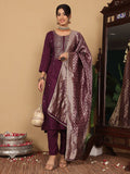 Varanga Women Pure Silk Purple Hand Embroidered Kurta With Bottom And Dupatta