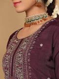 Varanga Women Pure Silk Purple Hand Embroidered Kurta With Bottom And Dupatta