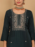 Varanga Women Pure Silk Teal Han Embroidered Kurta With Bottom And Dupatta