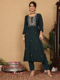 Varanga Women Pure Silk Teal Han Embroidered Kurta With Bottom And Dupatta