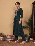 Varanga Women Pure Silk Teal Han Embroidered Kurta With Bottom And Dupatta