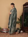 Varanga Women Pure Silk Teal Han Embroidered Kurta With Bottom And Dupatta