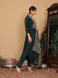 Varanga Women Pure Silk Teal Han Embroidered Kurta With Bottom And Dupatta