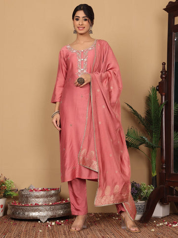 Varanga Women Pure Silk Pink Hand Embroidered Kurta With Bottom And Dupatta