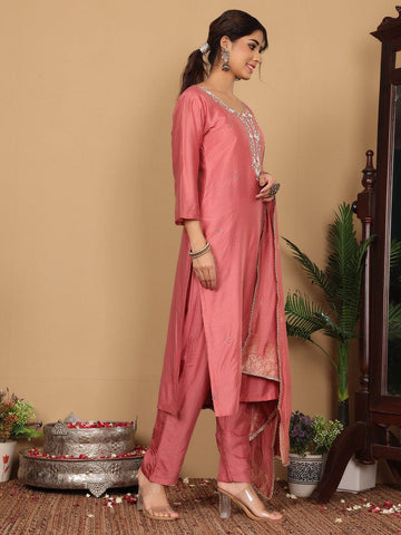 Varanga Women Pure Silk Pink Hand Embroidered Kurta With Bottom And Dupatta