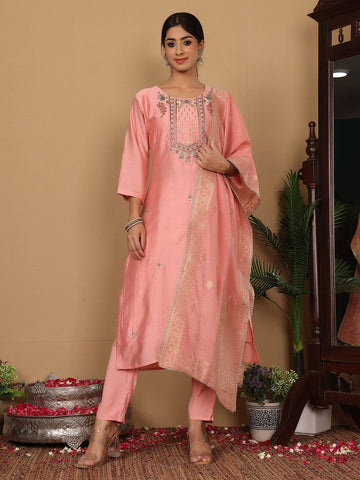 Varanga Women Pure Silk Pink Hand Embroiderd Kurta With Bottom And Dupatta