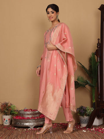 Varanga Women Pure Silk Pink Hand Embroiderd Kurta With Bottom And Dupatta