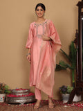 Varanga Women Pure Silk Pink Hand Embroiderd Kurta With Bottom And Dupatta