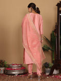 Varanga Women Pure Silk Pink Hand Embroiderd Kurta With Bottom And Dupatta