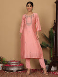 Varanga Women Pure Silk Pink Hand Embroiderd Kurta With Bottom And Dupatta