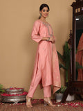 Varanga Women Pure Silk Pink Hand Embroiderd Kurta With Bottom And Dupatta