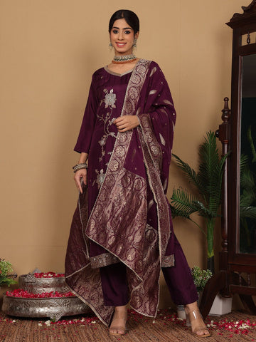 Varanga Women Pure Silk Purple Sequins And Bead Embellished Kurta With Bottom And Dupatta