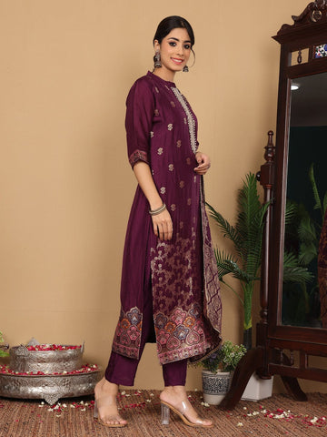 Varanga Women Pure Silk Purple Woven Design Kurta With Bottom And Dupatta