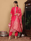 Varanga Women Pure Silk Fuchsia Pink Embroidered Kurta With Bottom And Dupatta