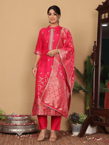 Varanga Women Pure Silk Fuchsia Pink Embroidered Kurta With Bottom And Dupatta