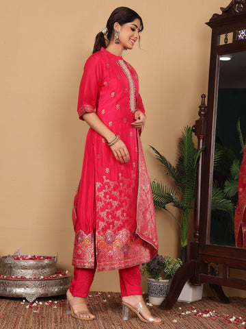 Varanga Women Pure Silk Fuchsia Pink Embroidered Kurta With Bottom And Dupatta