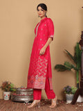 Varanga Women Pure Silk Fuchsia Pink Embroidered Kurta With Bottom And Dupatta