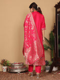 Varanga Women Pure Silk Fuchsia Pink Embroidered Kurta With Bottom And Dupatta