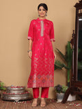 Varanga Women Pure Silk Fuchsia Pink Embroidered Kurta With Bottom And Dupatta