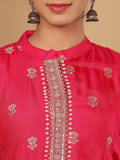 Varanga Women Pure Silk Fuchsia Pink Embroidered Kurta With Bottom And Dupatta