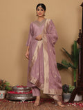 Varanga Women Pure Silk Mauve Embroidered Kurta With Bottom And Dupatta