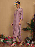 Varanga Women Pure Silk Mauve Embroidered Kurta With Bottom And Dupatta