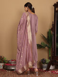 Varanga Women Pure Silk Mauve Embroidered Kurta With Bottom And Dupatta