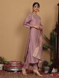 Varanga Women Pure Silk Mauve Embroidered Kurta With Bottom And Dupatta