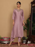 Varanga Women Pure Silk Mauve Embroidered Kurta With Bottom And Dupatta