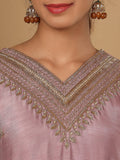 Varanga Women Pure Silk Mauve Embroidered Kurta With Bottom And Dupatta