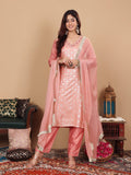 Varanga Women Peach Brocade Zari and Thread Embroidered Kurta with Trousers and Mukaish Dupatta