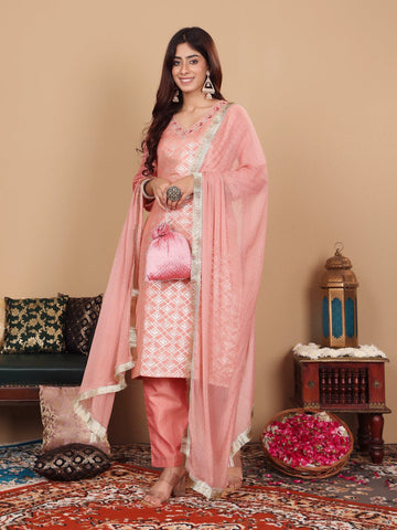 Varanga Women Peach Brocade Zari and Thread Embroidered Kurta with Trousers and Mukaish Dupatta