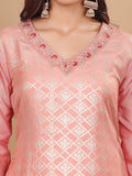 Varanga Women Peach Brocade Zari and Thread Embroidered Kurta with Trousers and Mukaish Dupatta