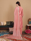 Varanga Women Peach Brocade Zari and Thread Embroidered Kurta with Trousers and Mukaish Dupatta