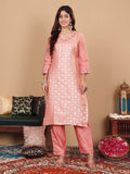 Varanga Women Peach Brocade Zari and Thread Embroidered Kurta with Trousers and Mukaish Dupatta