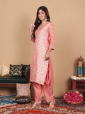 Varanga Women Peach Brocade Zari and Thread Embroidered Kurta with Trousers and Mukaish Dupatta