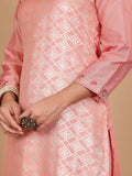 Varanga Women Peach Brocade Zari and Thread Embroidered Kurta with Trousers and Mukaish Dupatta