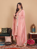 Varanga Women Peach Brocade Zari and Thread Embroidered Kurta with Trousers and Mukaish Dupatta