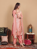 Varanga Women Peach Brocade Zari and Thread Embroidered Kurta with Trousers and Mukaish Dupatta