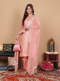 Varanga Women Peach Brocade Zari and Thread Embroidered Kurta with Trousers and Mukaish Dupatta