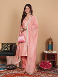 Varanga Women Peach Brocade Zari and Thread Embroidered Kurta with Trousers and Mukaish Dupatta