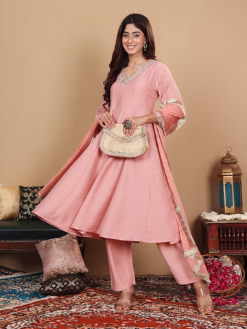 Varanga Women Peach Panelled And Embellished Anarkali Kurta With Trousers And Fringed Dupatta