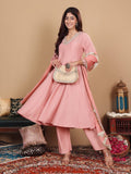 Varanga Women Peach Panelled And Embellished Anarkali Kurta With Trousers And Fringed Dupatta