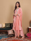 Varanga Women Peach Panelled And Embellished Anarkali Kurta With Trousers And Fringed Dupatta