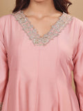 Varanga Women Peach Panelled And Embellished Anarkali Kurta With Trousers And Fringed Dupatta