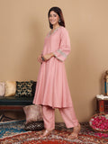 Varanga Women Peach Panelled And Embellished Anarkali Kurta With Trousers And Fringed Dupatta