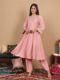 Varanga Women Peach Panelled And Embellished Anarkali Kurta With Trousers And Fringed Dupatta